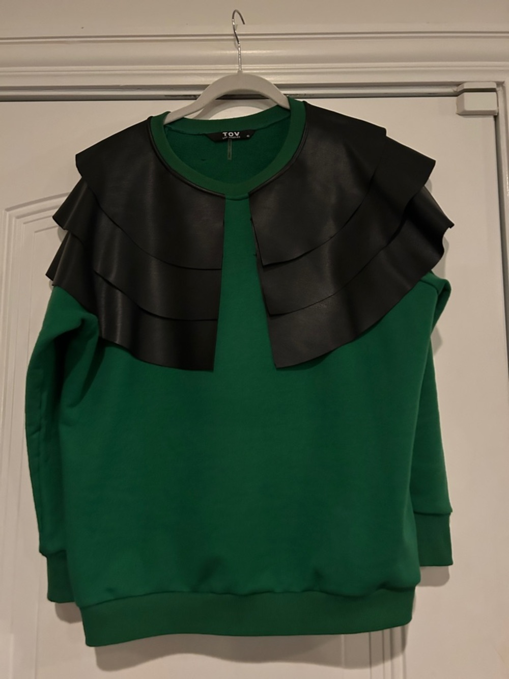 TOV Green Sweatshirt with Layered Black Faux-Leather Capelet